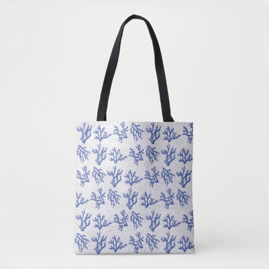 Koraalafdruk blauw en wit zee tote bag (Voorkant)
