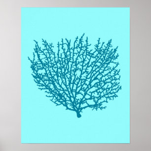 Koraalafdrukken voor ventilatoren, Turquoise op aq Poster