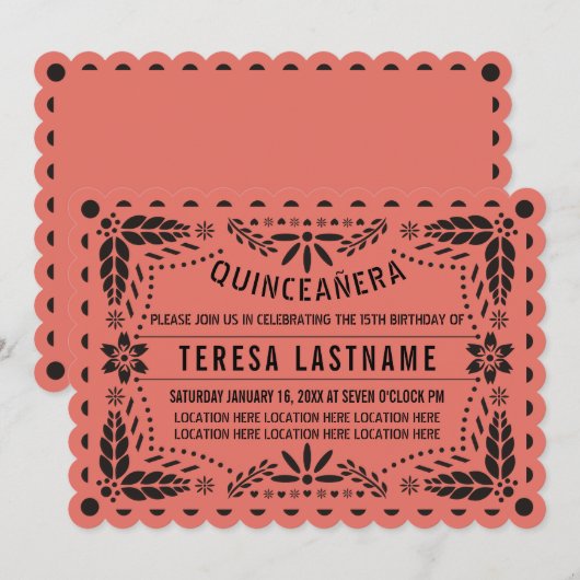 Koraalappel en zwarte papel picado Quinceañera Kaart (Voorkant / Achterkant)