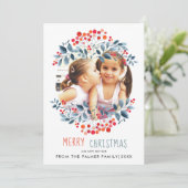 Koraalbessen, stoffige blauwe bladeren Kerstfoto H Feestdagenkaart (Staand voorkant)