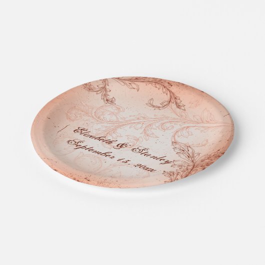  koraalblad met bloeiende herfstbruiloft papieren bordje (Gekanteld)