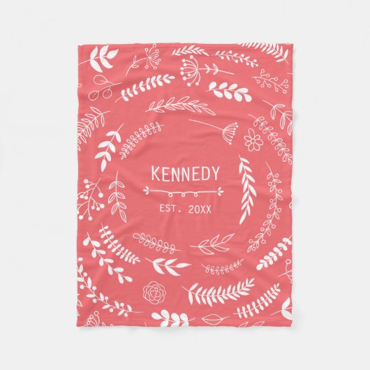Koraalbladeren Floral Monogram Patroon Fleece Deken (Voorkant)