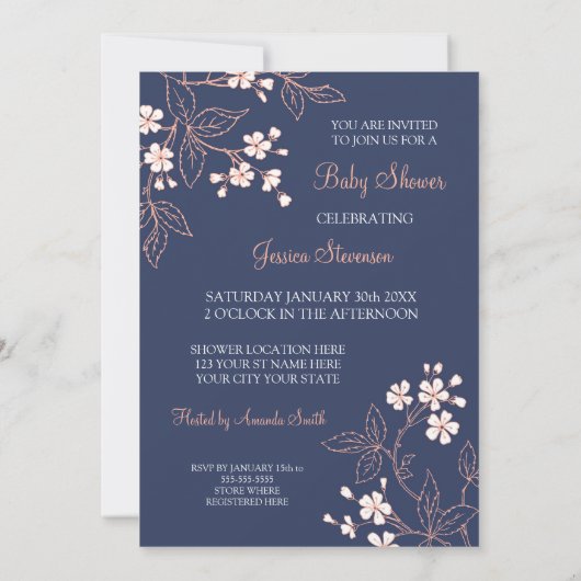 Koraalblauw Floral Custom Baby Shower Invitaties Kaart (Achterkant)
