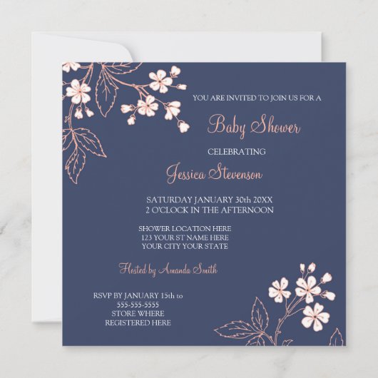Koraalblauw Floral Custom Baby Shower Invitaties Kaart (Achterkant)
