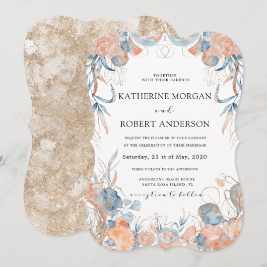 koraalblauw luchtige bloemen romantische bruiloft kaart (Voorkant / Achterkant)