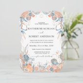 koraalblauw luchtige bloemen romantische bruiloft kaart (Staand voorkant)