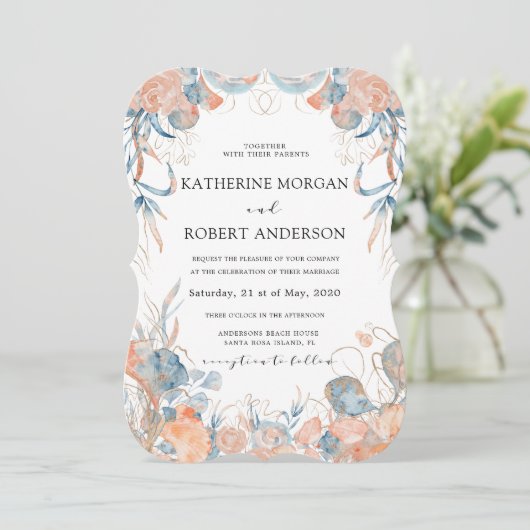 koraalblauw luchtige bloemen romantische bruiloft kaart (Staand voorkant)
