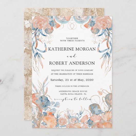 koraalblauw luchtige bloemen romantische bruiloft kaart (Voorkant / Achterkant)