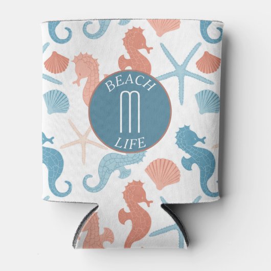 Koraalblauw nautisch monogram blikjeskoeler (Voorkant)