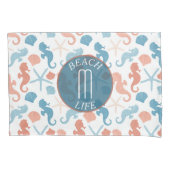 Koraalblauw nautisch monogram kussensloop (Voorkant)