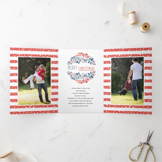 Koraalblauwe bessen kerstfeestfoto collage drieluik wenskaart (Binnen)