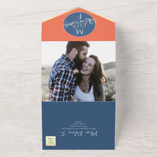 Koraalblauwe bruiloft in één uitnodiging (Buitenkant)