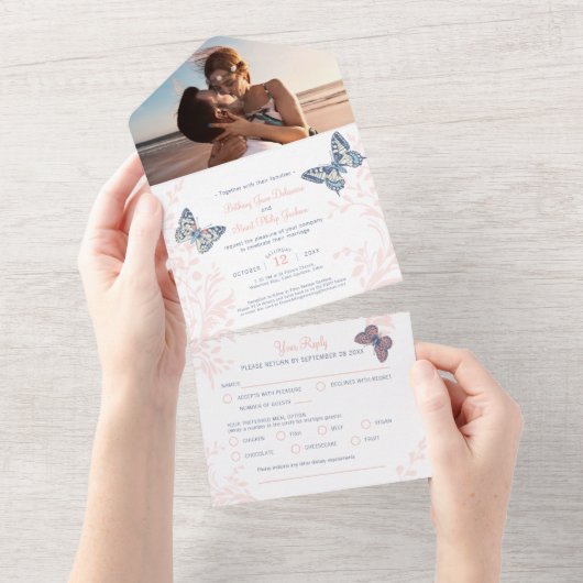 Koraalblauwe inktvlinten fotomaaltijd RSVP All In One Uitnodiging (Afscheurbaar)