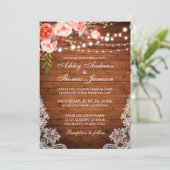 Koraalbloem Rustic Wedding Wood Licht Lace Kaart (Staand voorkant)