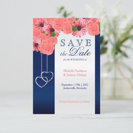 Koraalbloemen en marineblauw - Bewaar de datum Save The Date (Staand voorkant)