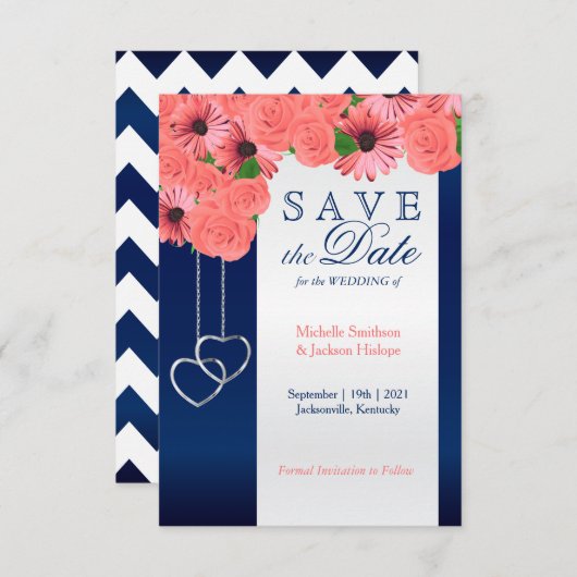 Koraalbloemen en marineblauw - Bewaar de datum Save The Date (Voorkant / Achterkant)