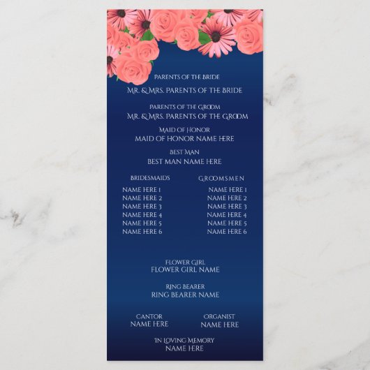 Koraalbloemen en marineblauw - programma programmakaart (Achterkant)