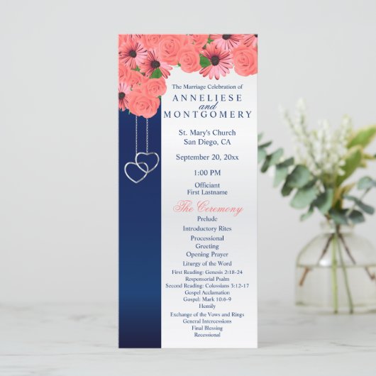 Koraalbloemen en marineblauw - programma programmakaart (Staand voorkant)