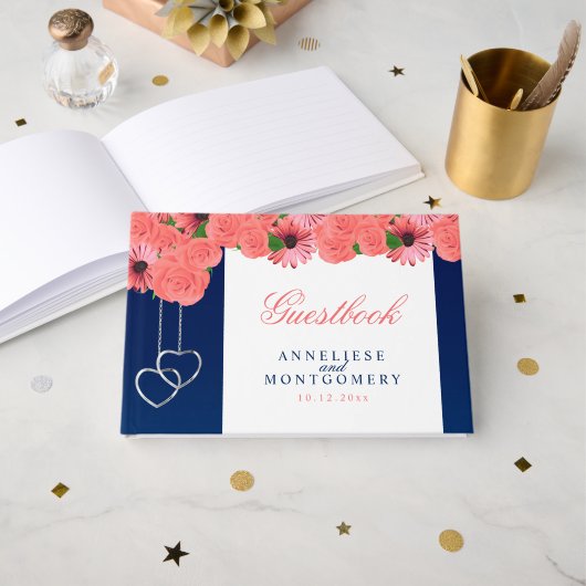 Koraalbloemen en Navy Blue Gastenboek (Voorkant open)