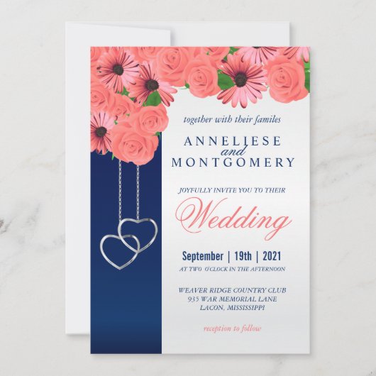 Koraalbloemen en Navy Blue Invitation Kaart (Voorkant)