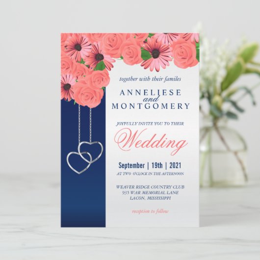 Koraalbloemen en Navy Blue Invitation Kaart (Staand voorkant)