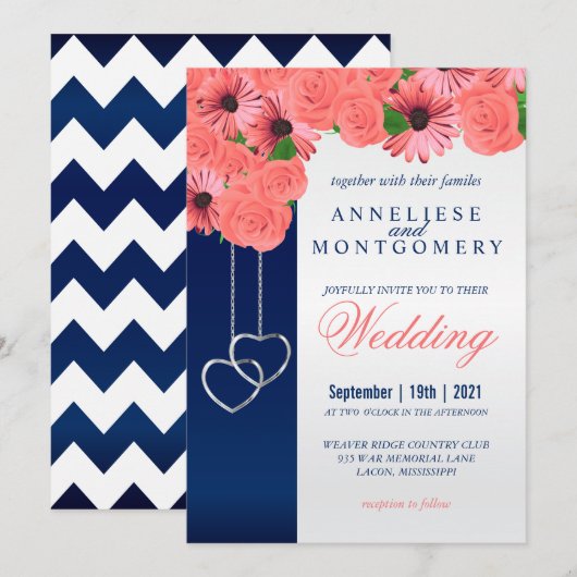 Koraalbloemen en Navy Blue Invitation Kaart (Voorkant / Achterkant)