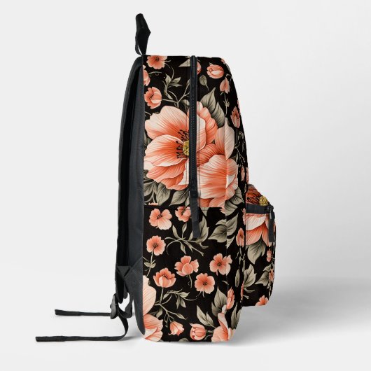 Koraalbloemen op zwart bedrukte rugzak (Links)