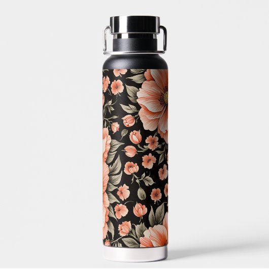 Koraalbloemen op zwart waterfles (Achterkant)