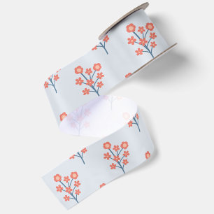 Koraalbloesem Takjes op Misty Blue Patroon  Satijnen Lint