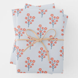 Koraalbloesemtakjes op Misty Blue-patroon  Inpakpapier Vel