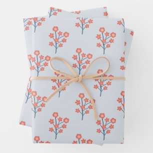 Koraalbloesemtakjes op Misty Blue-patroon Inpakpapier Vel
