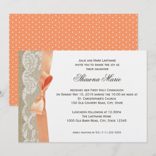 Koraalboog en burlap eerste communie kaart (Voorkant / Achterkant)