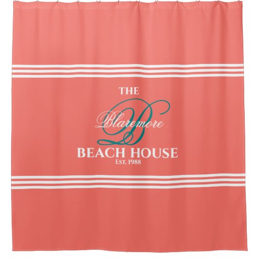 Koraaldecor Blauwgroen Initiaal Witte strepen Elke Douchegordijn (Voorkant)