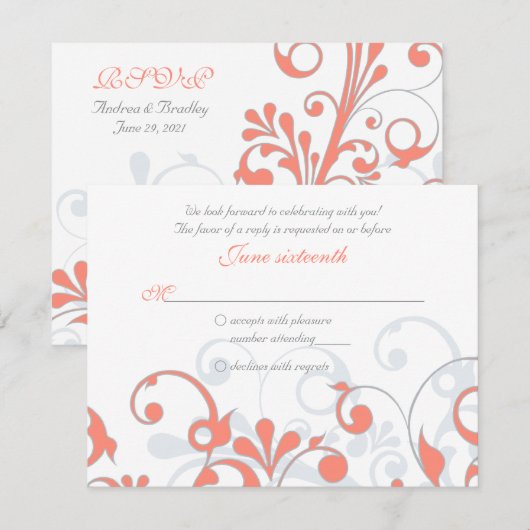 Koraalgrijs Witte Abstracte Bloem Bruiloft RSVP Ka (Voorkant / Achterkant)