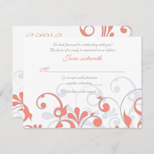 Koraalgrijs Witte Abstracte Bloemen Bruiloft RSVP  (Voorkant / Achterkant)