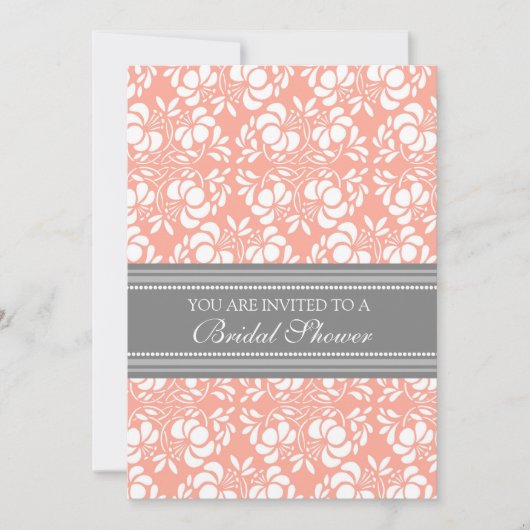 Koraalgrijze Damask Bridal Shower Invitation Cards Kaart (Voorkant)