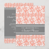 Koraalgrijze Damask Bridal Shower Invitation Cards Kaart (Voorkant / Achterkant)