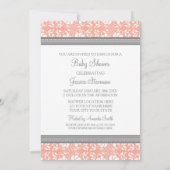 Koraalgrijze Damask Douane Babydouche Invitaties Kaart (Achterkant)