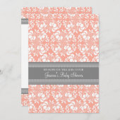 Koraalgrijze Damask Douane Babydouche Invitaties Kaart (Voorkant / Achterkant)