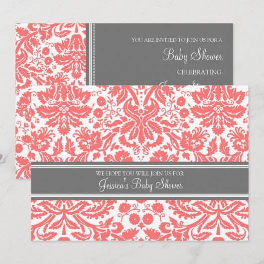 Koraalgrijze Damask Douane Babydouche Invitaties Kaart (Voorkant / Achterkant)