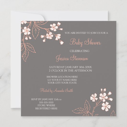 Koraalgrijze Floral Custom Baby Shower Invitaties Kaart (Achterkant)