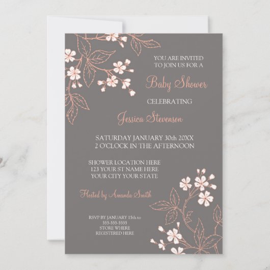 Koraalgrijze Floral Custom Baby Shower Invitaties Kaart (Achterkant)