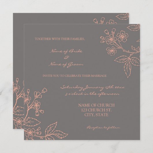 Koraalgrijze Floral Weddenschappen Kaart (Voorkant / Achterkant)