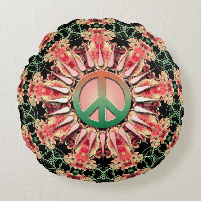 Koraalgroene Bloem Cirkel van Vrede Ronde Kussen (Voorkant)