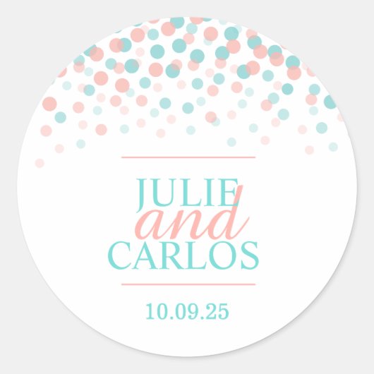 Koraalgroene confetti vallende stippen bruiloft st ronde sticker (Voorkant)