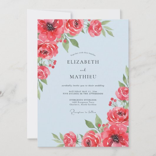 Koraalhemel Ranunculus Zachte Eucalyptus Bruiloft Kaart (Voorkant)