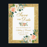 Koraalkoraal Bespaar de datum Gold Glitter Aankondigingskaart<br><div class="desc">Modern Elegant,  Waterverf Coral Floral,  Gold Glitter sparen de Datum Briefkaart van het Verloving</div>