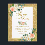 Koraalkoraal Bespaar de datum Gold Glitter Aankondigingskaart<br><div class="desc">Modern Elegant,  Waterverf Coral Floral,  Gold Glitter sparen de Datum Briefkaart van het Verloving</div>