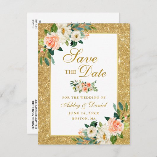 Koraalkoraal Bespaar de datum Gold Glitter Aankondigingskaart (Voorkant / Achterkant)