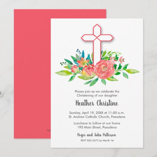 Koraalkruis en bloemen Christening, Baptisme Invit (Voorkant / Achterkant)